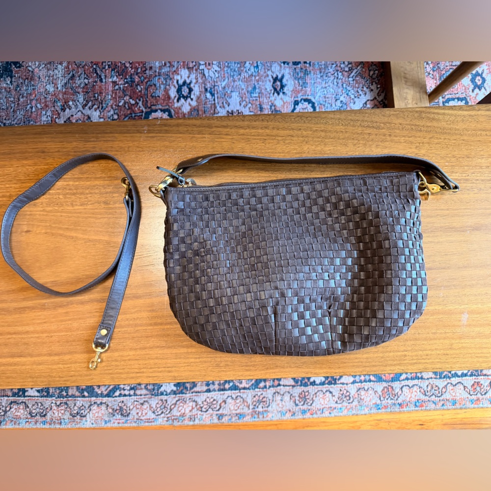 Clare V. Moyen Messenger Mahogany Nappa & Suede Woven Checker